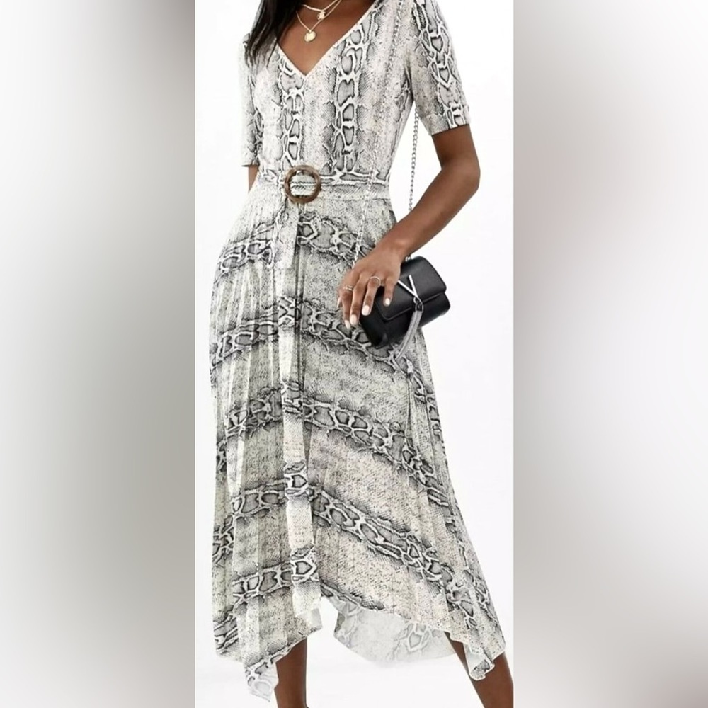 ASOS Snake Print Asymmetrical Midi‎ Dress Pleated Skirt Belted V-Neck S/S Small